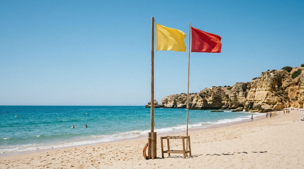 A yellow and red lifeguard flag flying together on an Albufeira beach, marking the patrolled swimming zone at the centre of how safe Albufeira is for swimmers