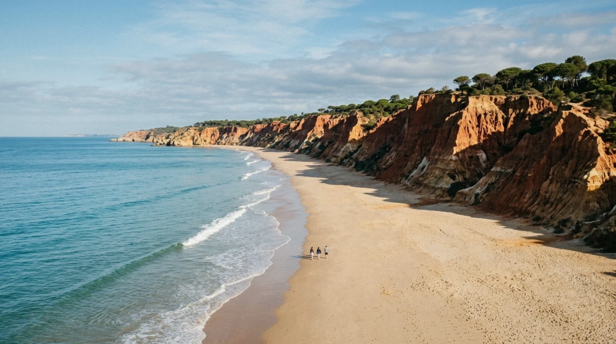 The long red-cliff Praia da Falésia east of Albufeira, one of the quietest areas to consider when deciding where to stay in Albufeira