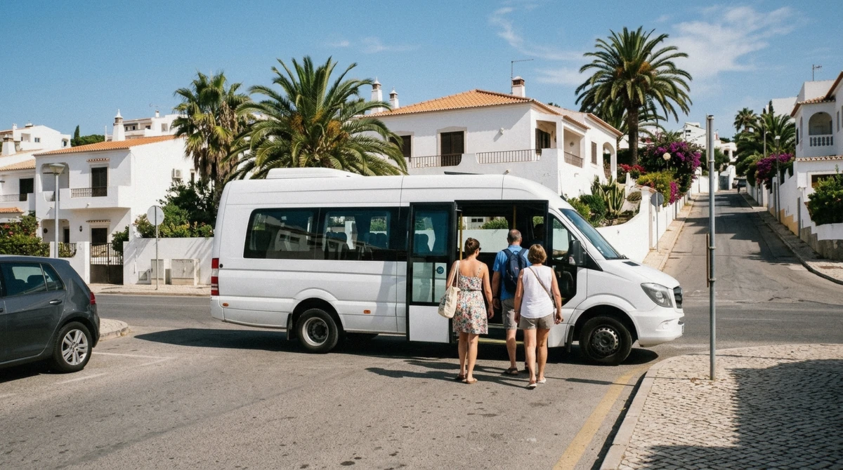 A Giro city minibus waiting at a stop in Albufeira, part of how to get around Albufeira without a rental car