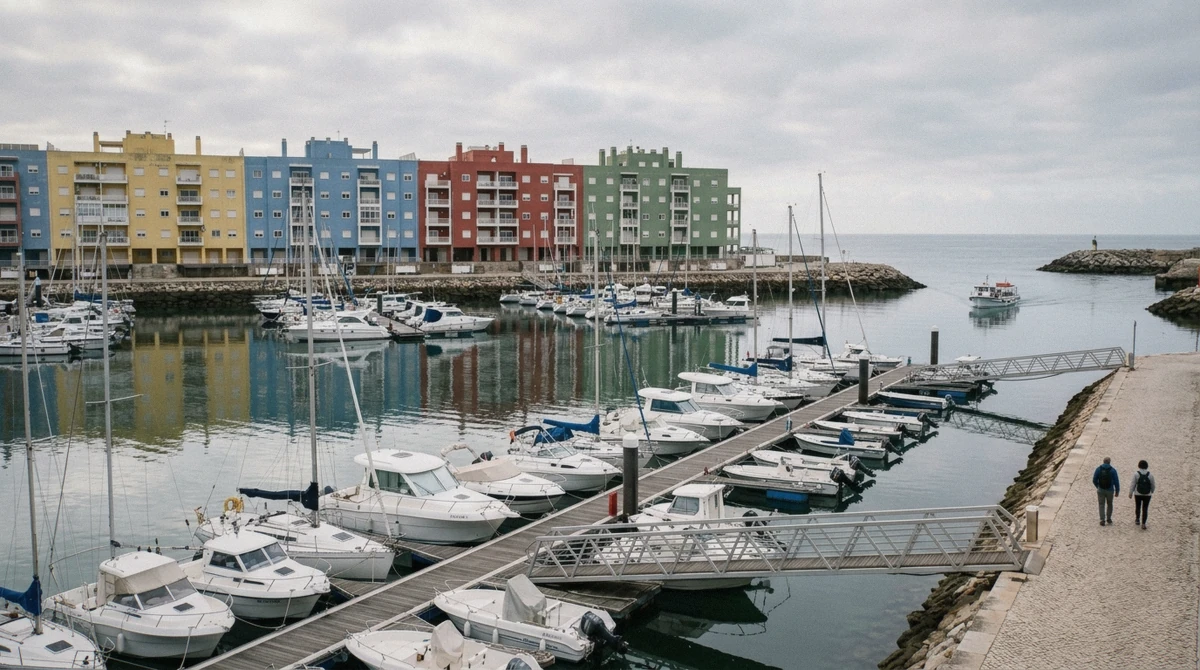 Colour-blocked apartment buildings and moored boats at Marina de Albufeira, the departure point for the boat-based things to do in Albufeira, Algarve