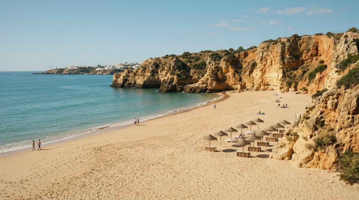 A quiet Albufeira cove beach in late September with only a handful of people, illustrating the best time to visit Albufeira for smaller crowds