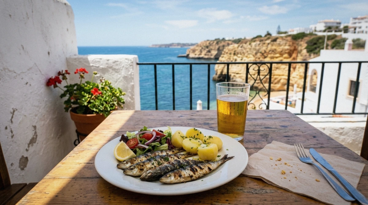 A plate of grilled sardines and a glass of beer on a sunlit tasca terrace in Albufeira, the kind of local meal that keeps a trip to Albufeira affordable