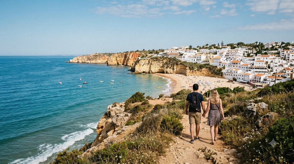 Albufeira's white Old Town stepping down the cliffside above a curve of beach, the view that shapes whether Albufeira is worth visiting for most first-time travellers
